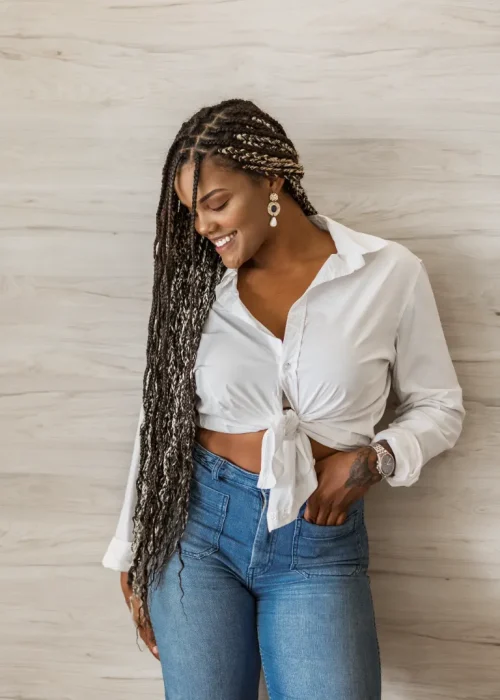 An african american adult woman standing and posing with her one arm on her pocket.