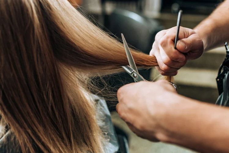 A zoomed image of a hairdresser cutting the hair of the client.
