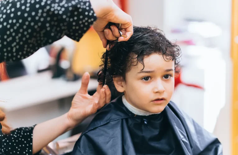 A little kid getting his curly hair cut.