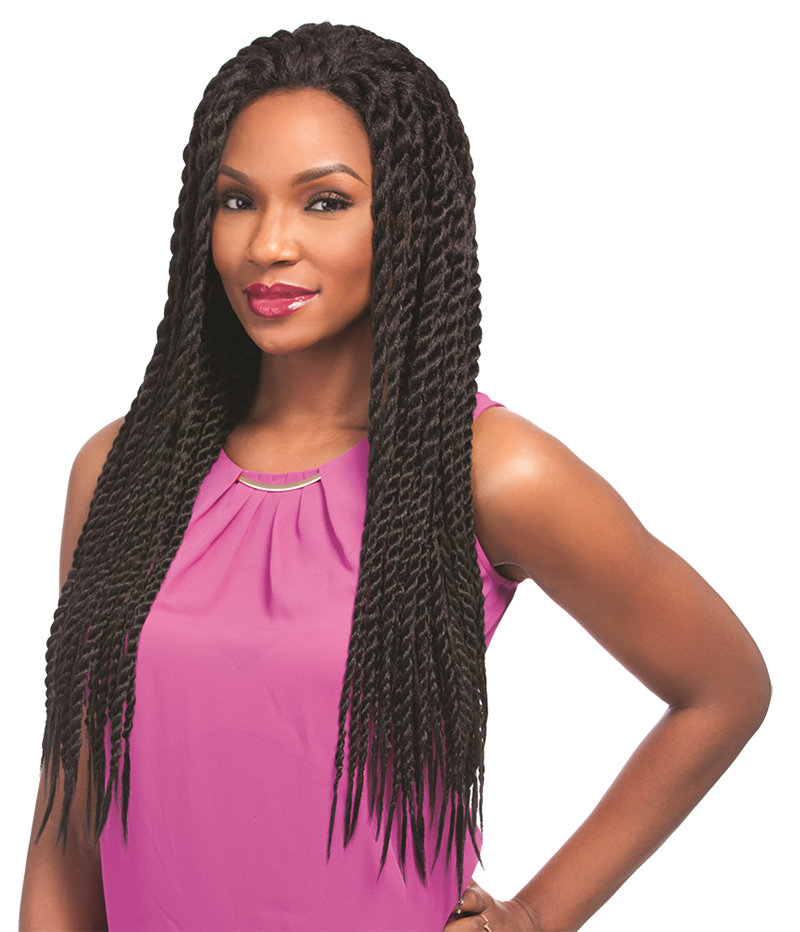 A gorgeous black woman with hair braids wearing a pink dress.
